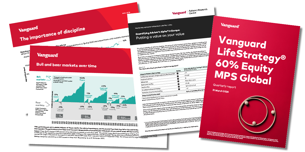 Graphic showing examples of Vanguard’s MPS support materials available to advisers, including client-ready downloads, whitepapers and MPS-related reports.