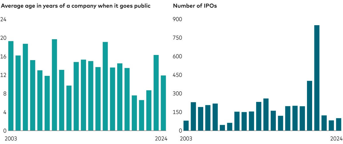 chart shows the average age of US companies has remained consistent from 2003 to 2024.