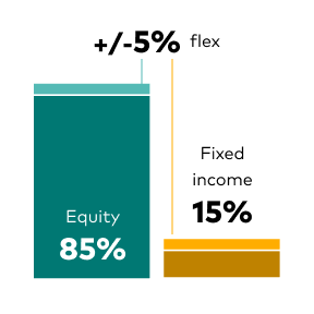 "The image displays a bar chart showing asset allocation percentages. The left bar in teal represents 85% equity and the right bar in gold represents 15% fixed income. Above the bars, a label indicates a flexibility range of +/- 5% between the allocation of equities and fixed income."
