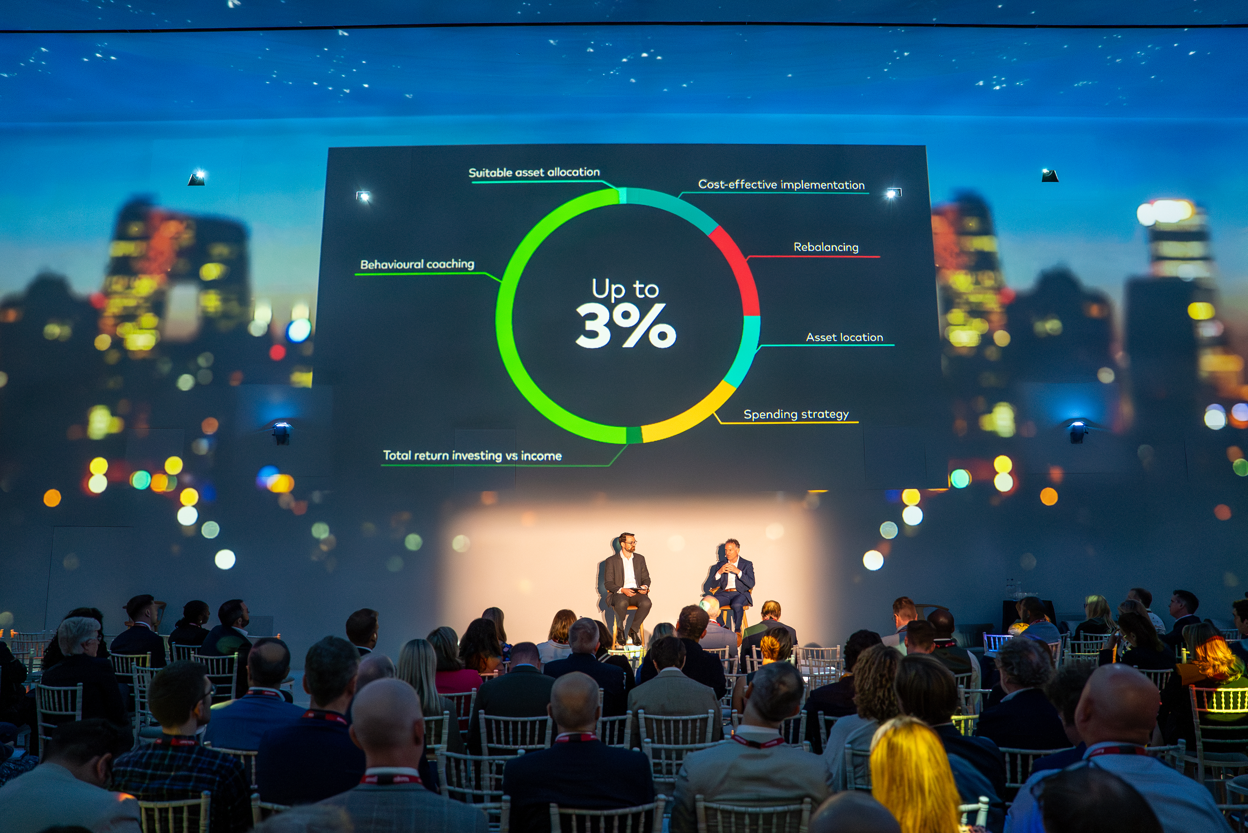 The stage with a slide in the background showing 3% as the value of advice
